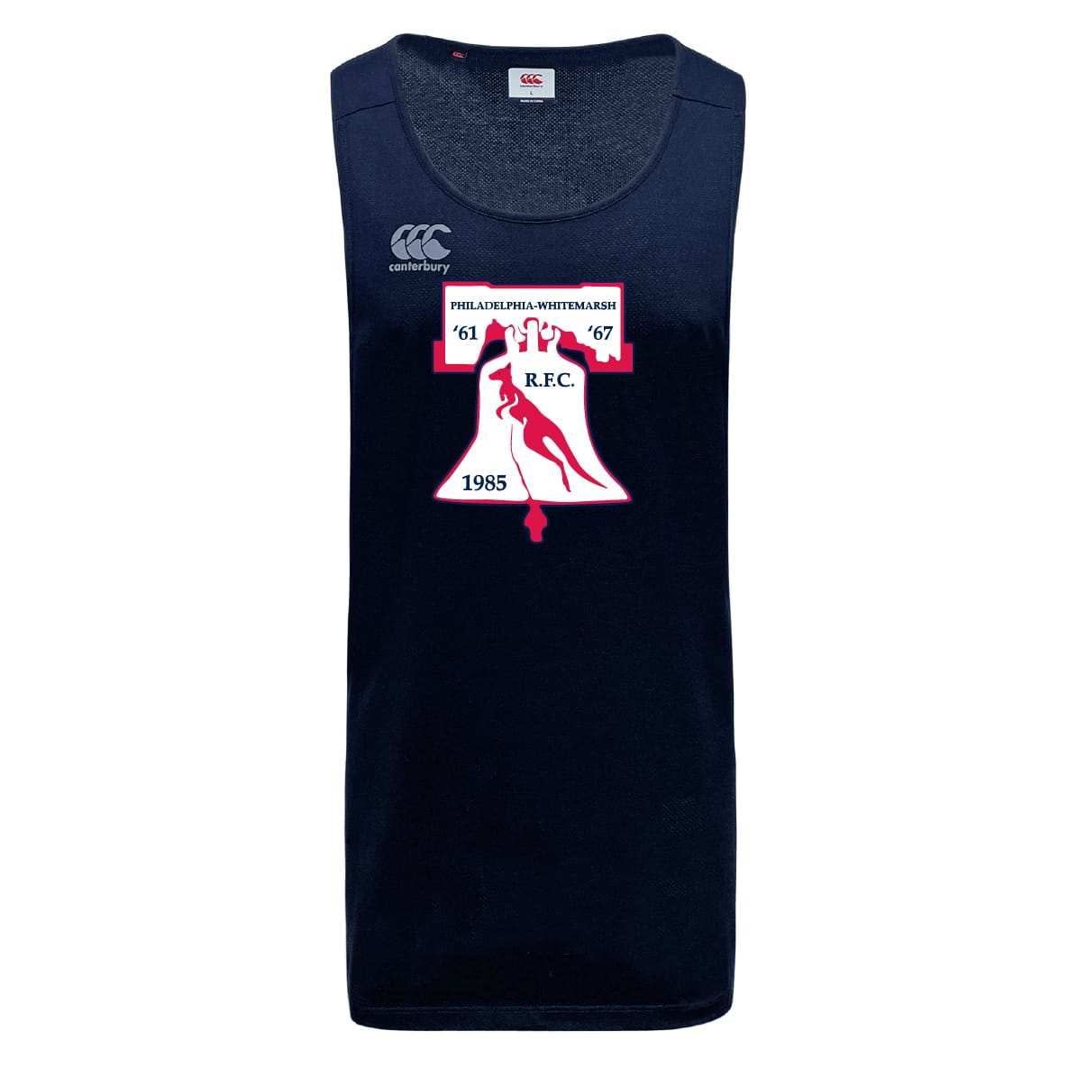 The Philly Whitemarsh RFC Tempo Vapodri Singlet by WRS Canterbury is a navy blue athletic tank made from recycled polyester, featuring a white and red crest with "Philadelphia-Whitemarsh RFC" and years 1961, 1967, and 1985.