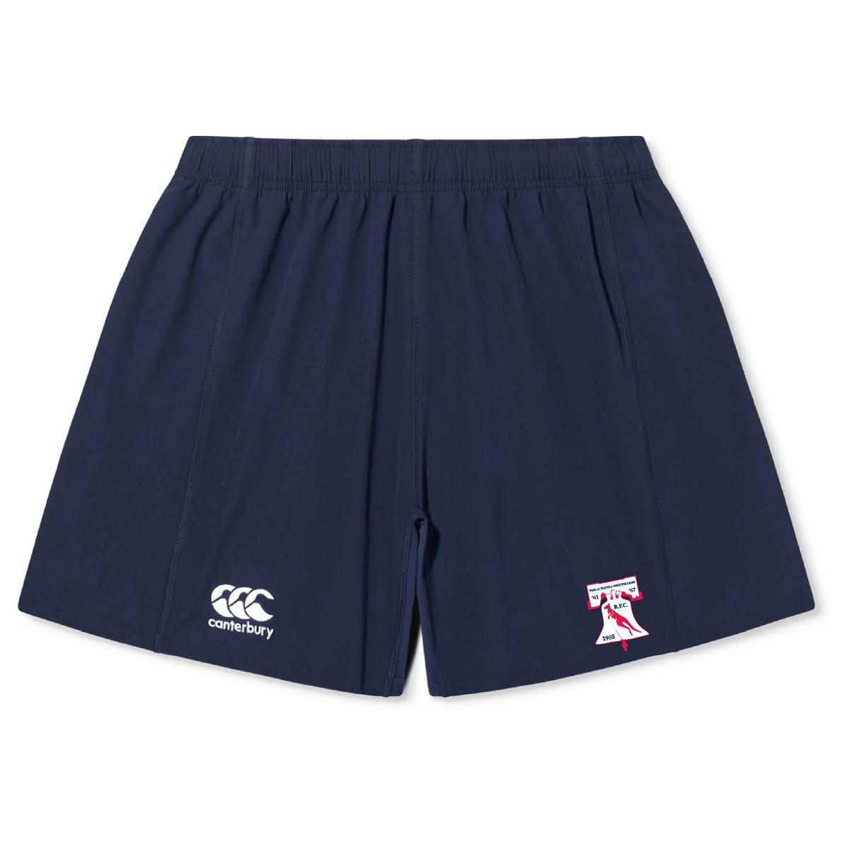 The EMB Canterbury Philly Whitemarsh RFC Yokohama Short features a navy design with an elastic waistband, white Canterbury logo on the left leg, and a red and white crest on the right.