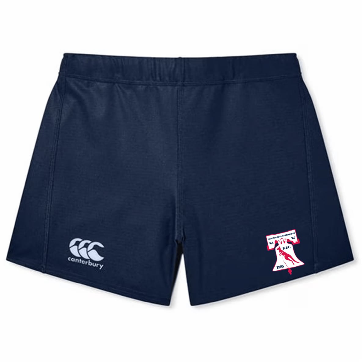 The Philly Whitemarsh RFC Women's Yokohama Short by EMB Canterbury features a navy design with a white Canterbury logo on the left leg and a red and white crest on the right, ideal for women's rugby.