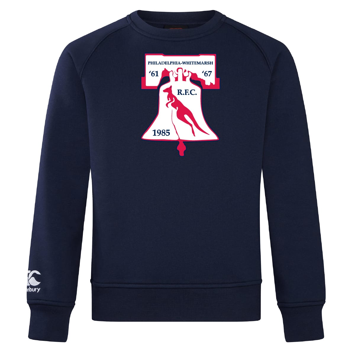 The Philly Whitemarsh RFC Club Crew Sweatshirt by WRS Canterbury features the club logo with Liberty Bell, founding year "1985" on the front, and an embroidered CCC logo for a classic look.