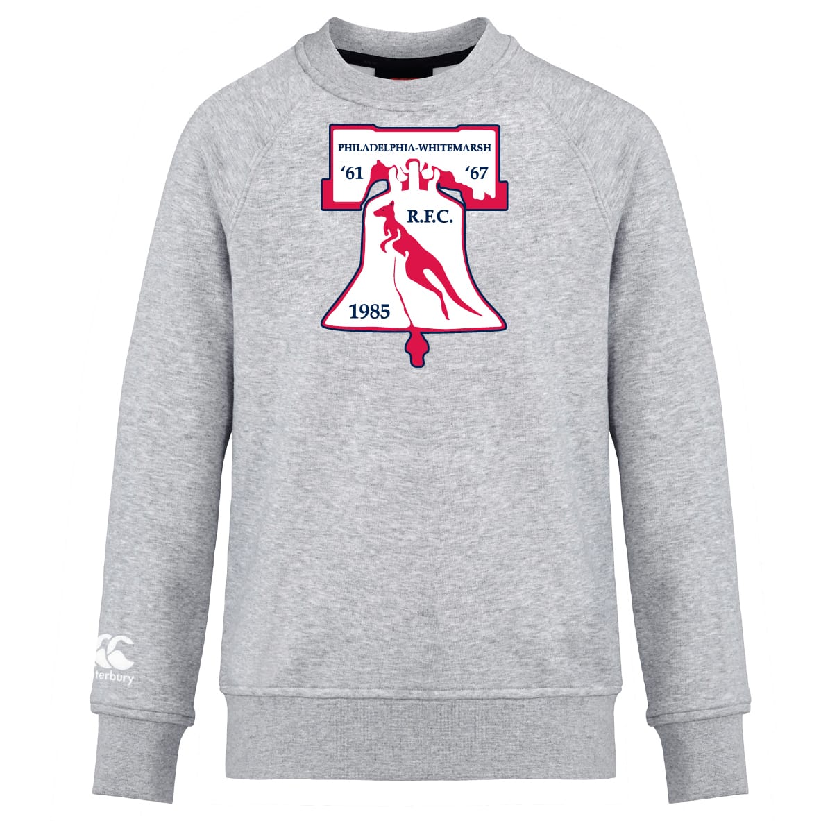The Philly Whitemarsh RFC Club Crew Sweatshirt by WRS Canterbury is an ultra-soft light gray crew with the Philadelphia-Whitemarsh R.F.C. logo, Liberty Bell graphic, years '61, '67, '85 on the front, and embroidered CCC branding.