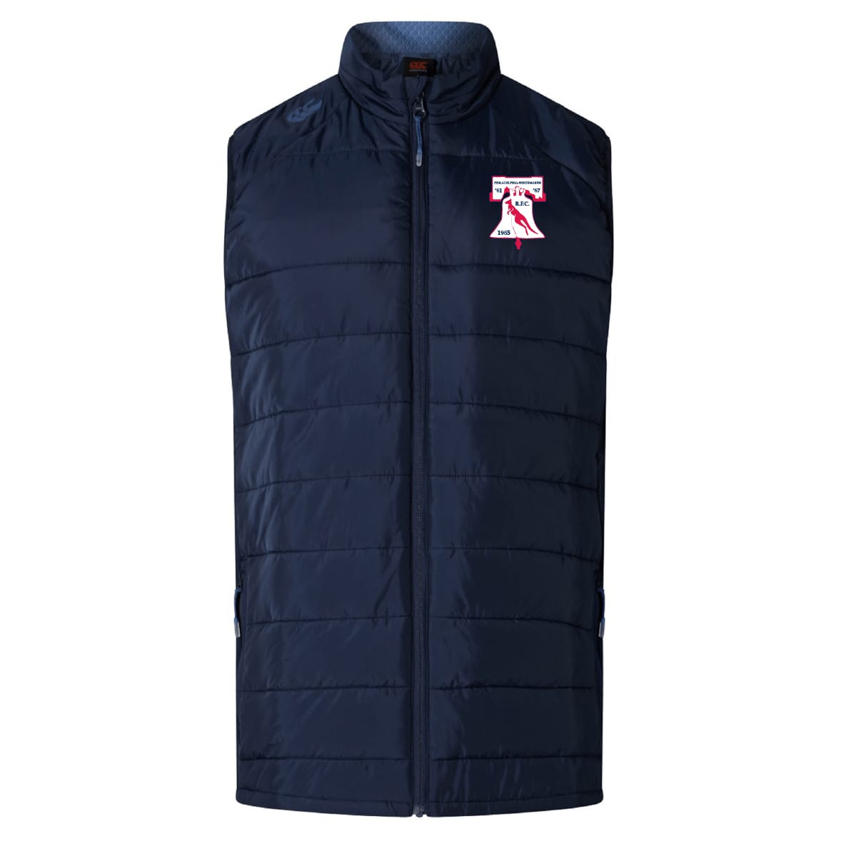 The Philly Whitemarsh RFC Elite Microlite Gilet by EMB Canterbury is a navy insulated, sleeveless gilet with a front zipper and red and white chest logo, offering both sleek style and warmth.