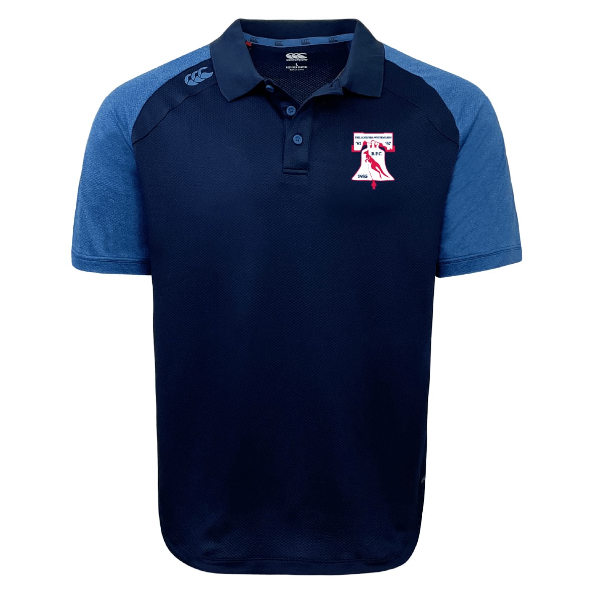 The Philly Whitemarsh RFC Elite Polo by Canterbury, custom crafted with Vapodri fabric, features blue sleeves, a button placket collar, and a red Texas outline logo with white text on the left chest. Brand: EMB Canterbury.