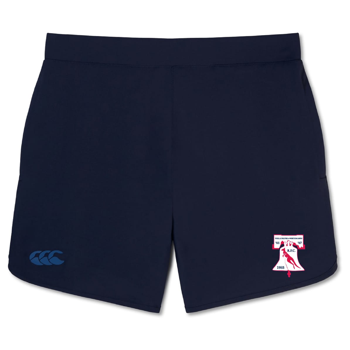 The Philly Whitemarsh RFC Elite Woven Short by EMB Canterbury in navy has a small club logo on the right leg, a blue Canterbury logo on the left, and zippered pockets—ideal for training.