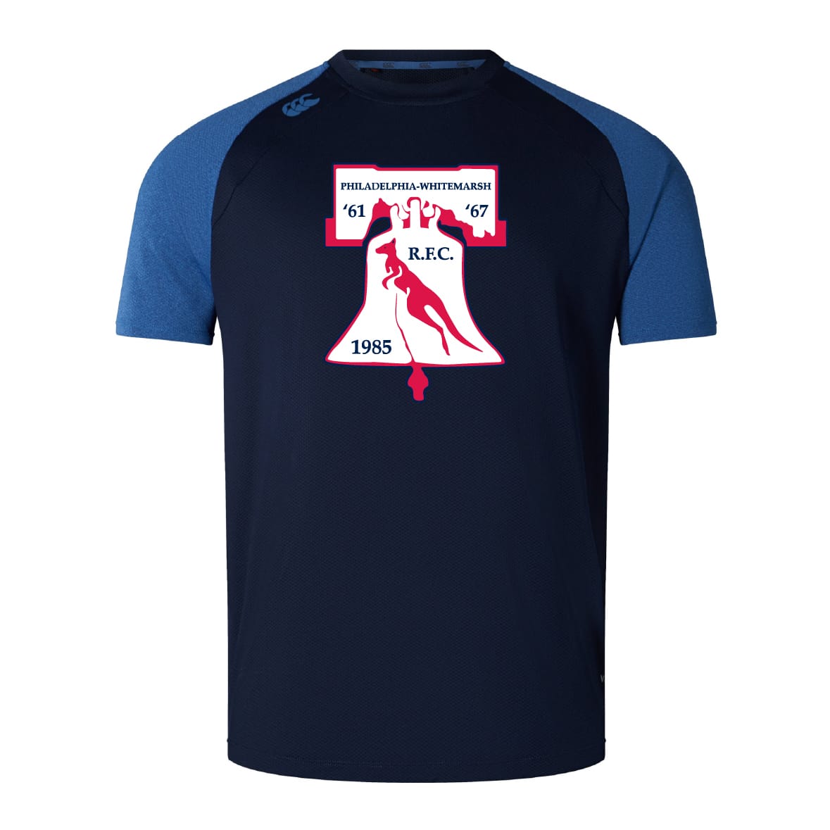 The Philly Whitemarsh RFC Elite Training Tee by WRS Canterbury features a navy design with blue sleeves, the club logo, and milestone dates. Made from Vapodri fabric for lightweight durability—ideal on or off the field.