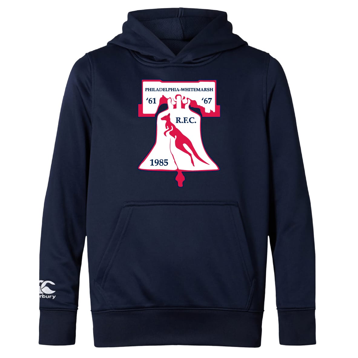 The Philly Whitemarsh RFC Club Lightweight Hoodie by WRS Canterbury features a kangaroo pocket, the club logo, a Liberty Bell graphic, and the years '61, '67, and 1985.