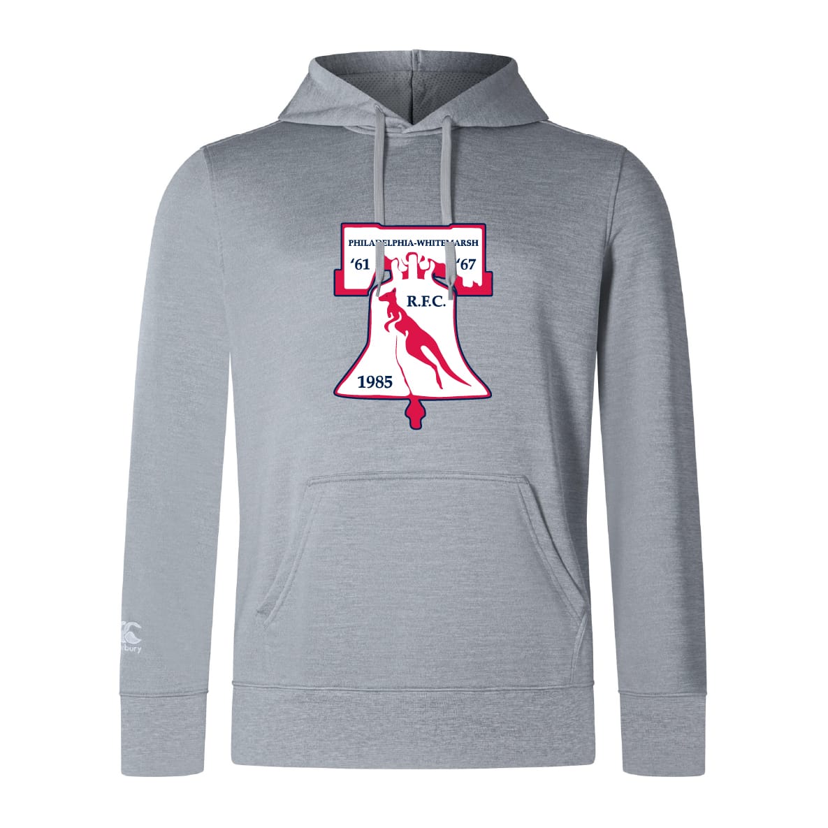 The Philly Whitemarsh RFC Club Lightweight Hoodie by WRS Canterbury features a large maroon and white Liberty Bell graphic, rugby logo, text on the chest, and a comfortable kangaroo pocket.