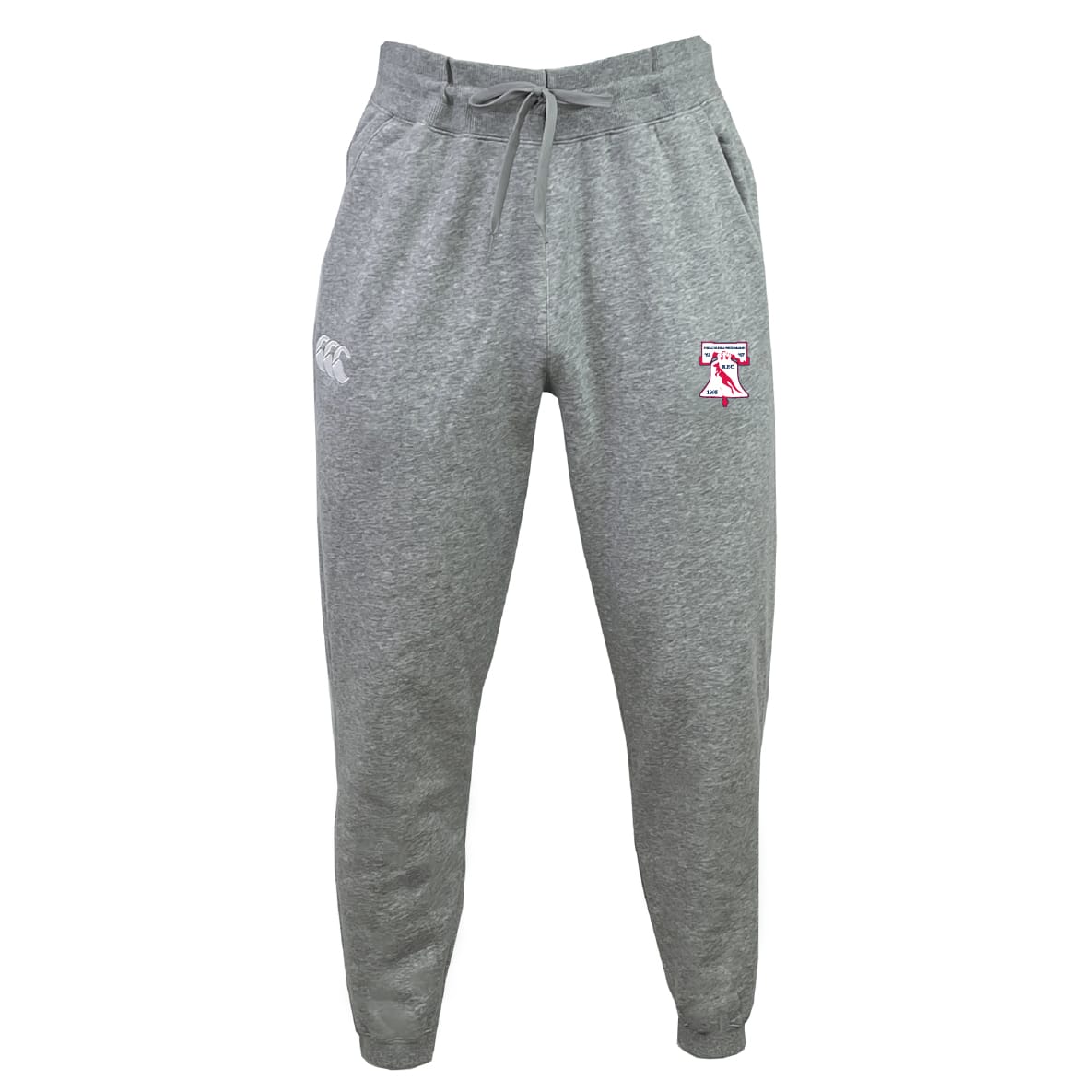 The Philly Whitemarsh RFC Leisure Sweatpant by EMB Canterbury features a drawstring waist, white logo on the left thigh, and pink and white graphics on the right—crafted from soft, sustainable organic cotton for comfort.