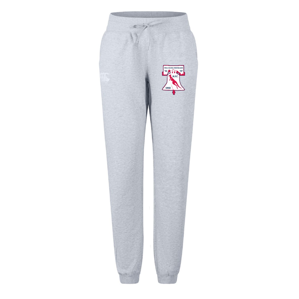 The Philly Whitemarsh RFC Women's Leisure Sweatpant by EMB Canterbury features light gray fabric, an elastic waistband with drawstring, and a Liberty Bell graphic with red text and detailing on the upper left thigh.