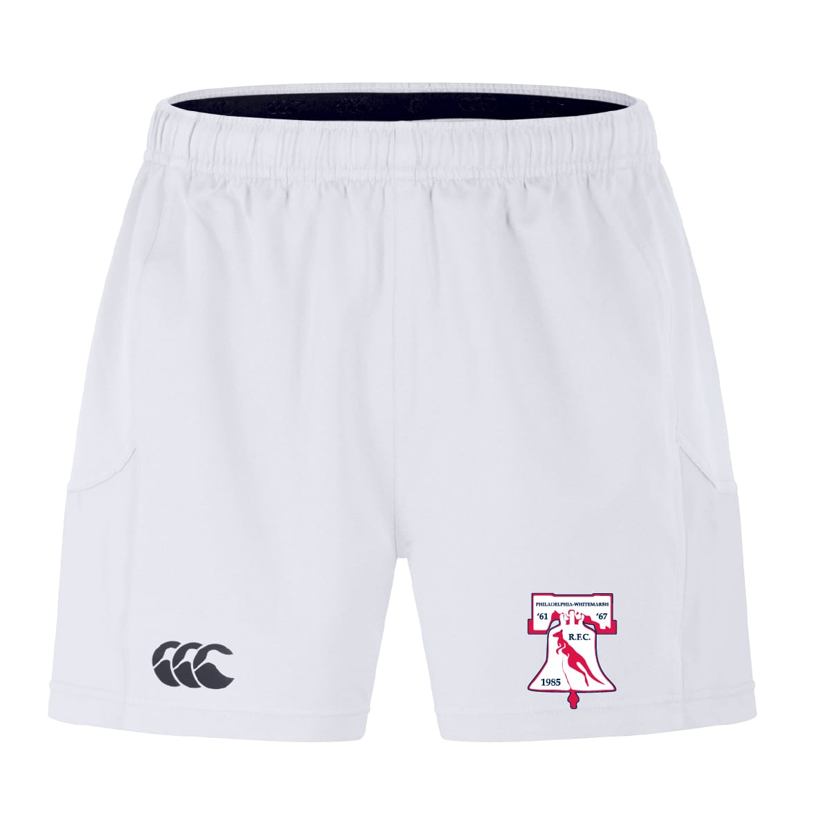 The EMB Canterbury Philly Whitemarsh RFC Advantage Short 2.0 features an elastic waistband, black left-leg logo, red and blue team emblem on the right, and is made with recycled content for high-performance training.