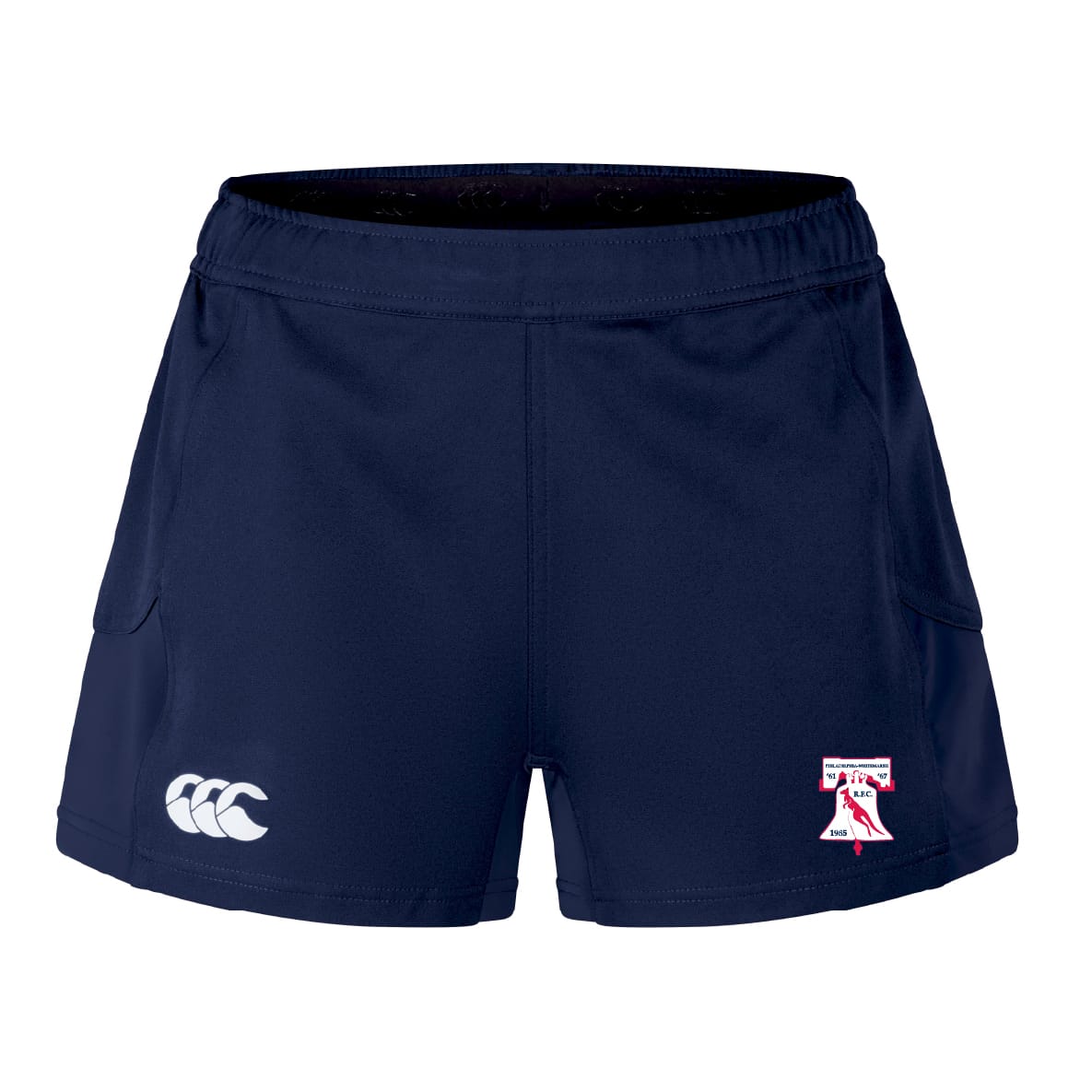 The Philly Whitemarsh RFC Women's Advantage Short 2.0 by EMB Canterbury features a navy blue design, a white Canterbury logo on the left leg, and a red and white "T" emblem with figure on the right leg.