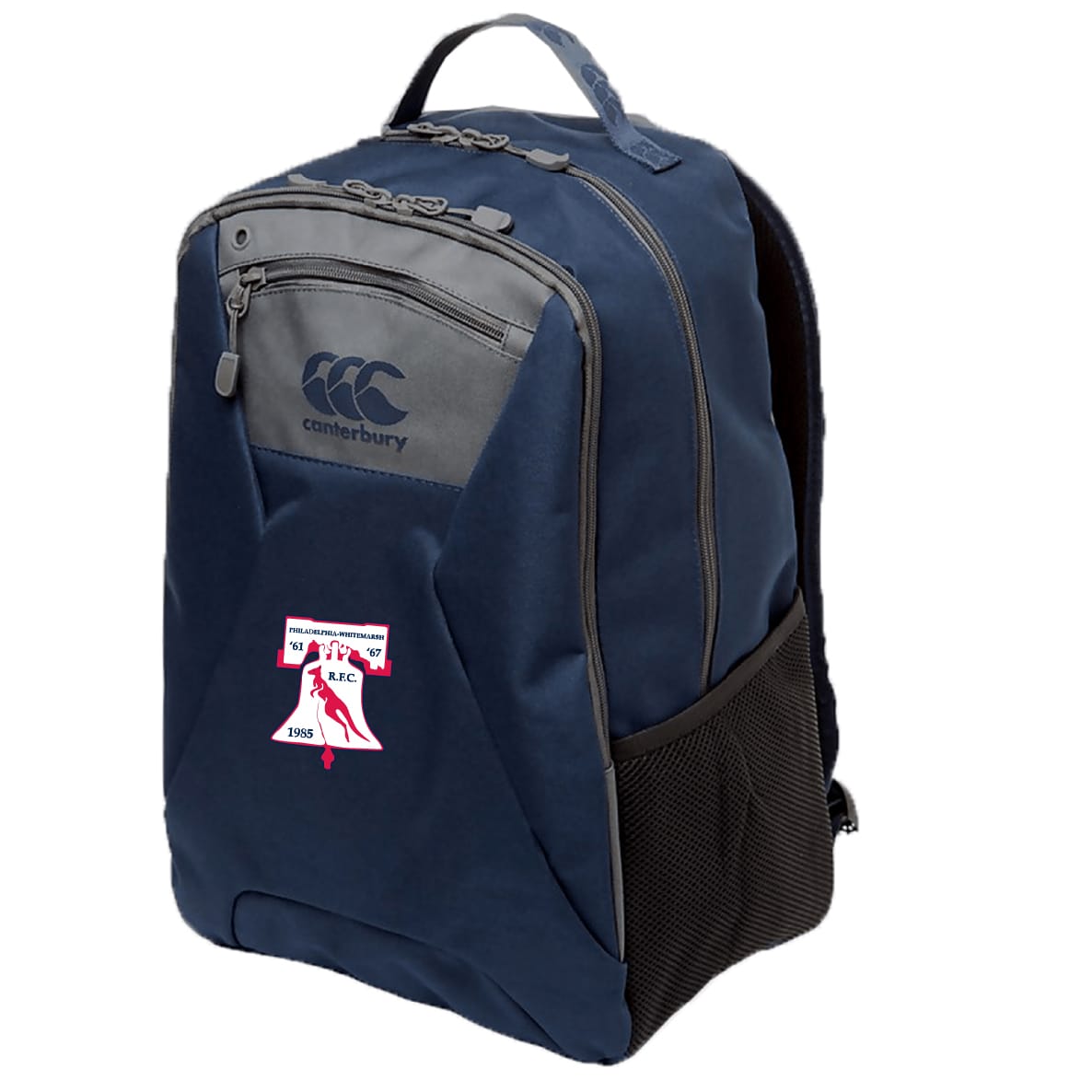 The Philly Whitemarsh RFC Medium Backpack by EMB Canterbury features a navy blue water-repellent finish, front zip pocket, black mesh side pocket, and a red and white embroidered bird badge on the lower front panel.