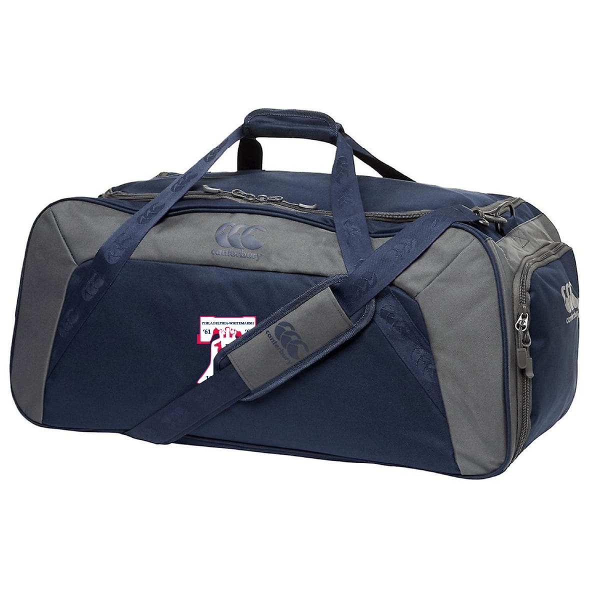 The Philly Whitemarsh RFC Holdall Duffle Bag by EMB Canterbury features navy blue and gray colors, a shoulder strap, handles, zippered compartments, water-repellent finish, and front logo—perfect for rugby practice or travel.