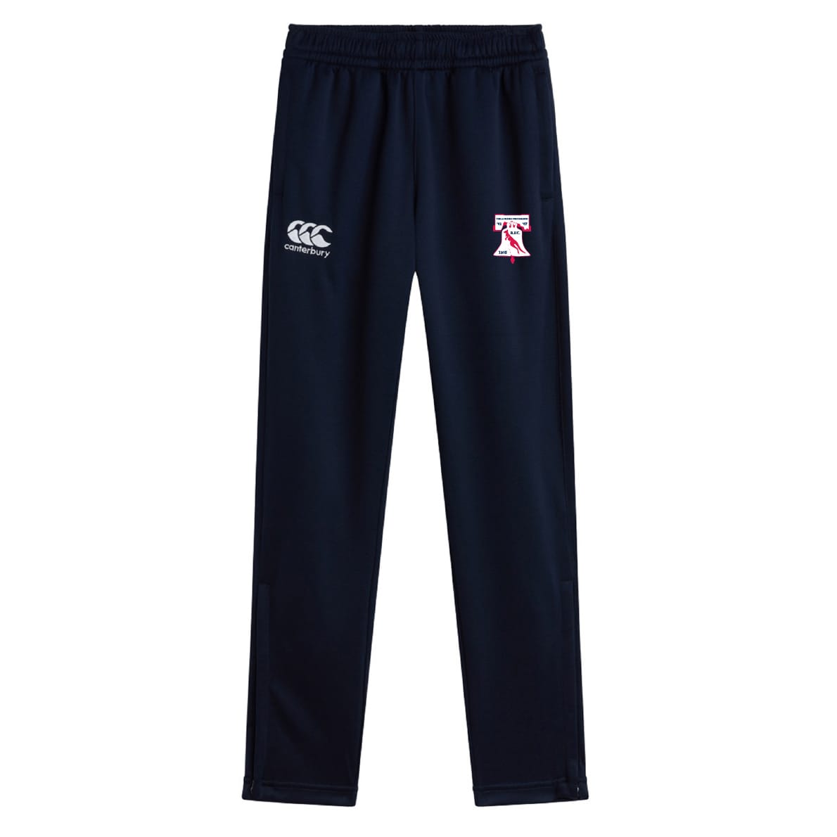The Philly Whitemarsh RFC Stretch Tapered Pant by EMB Canterbury features an elastic waistband, Canterbury logo on the left, and a red and white "T" on the right thigh. These quick-dry navy pants deliver comfort and style for workouts.