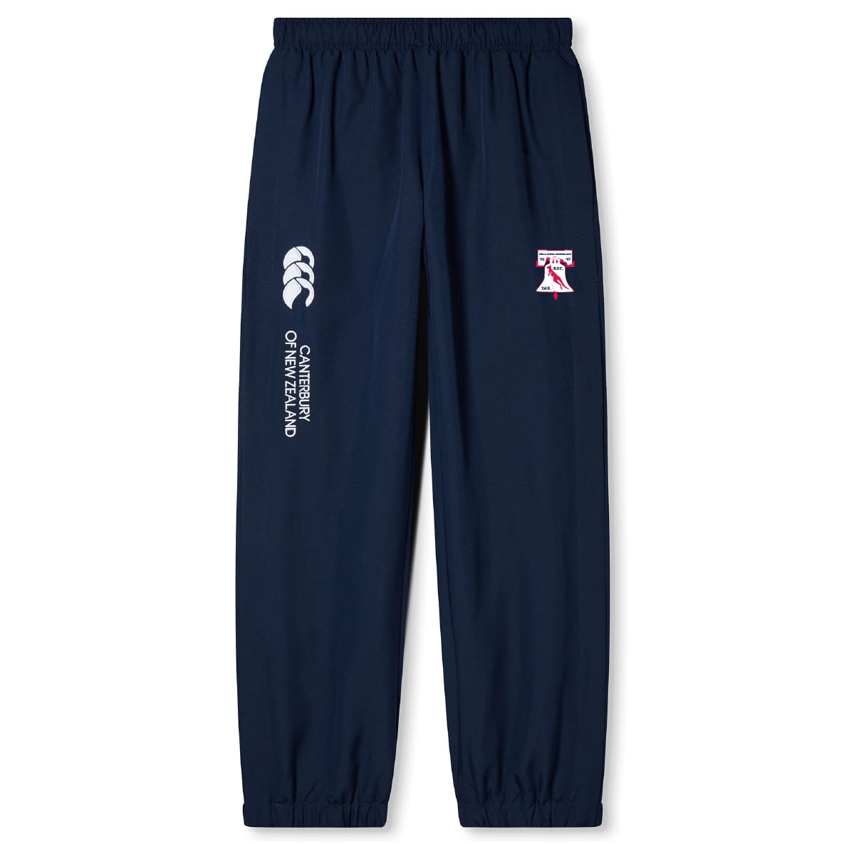 The Philly Whitemarsh RFC Cuffed Hem Stadium Pant by EMB Canterbury is a navy men's pant with an elastic waistband, cuffed hems, the Canterbury logo, "Canterbury of New Zealand" text, and a left thigh crest.