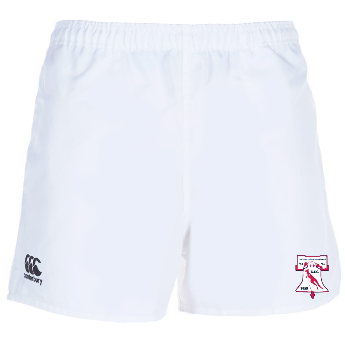 The Philly Whitemarsh RFC Advantage Rugby Shorts by EMB Canterbury feature an elastic waistband, moisture-wicking fabric, the Canterbury logo on the left leg, and a club crest with text and graphics on the right leg.