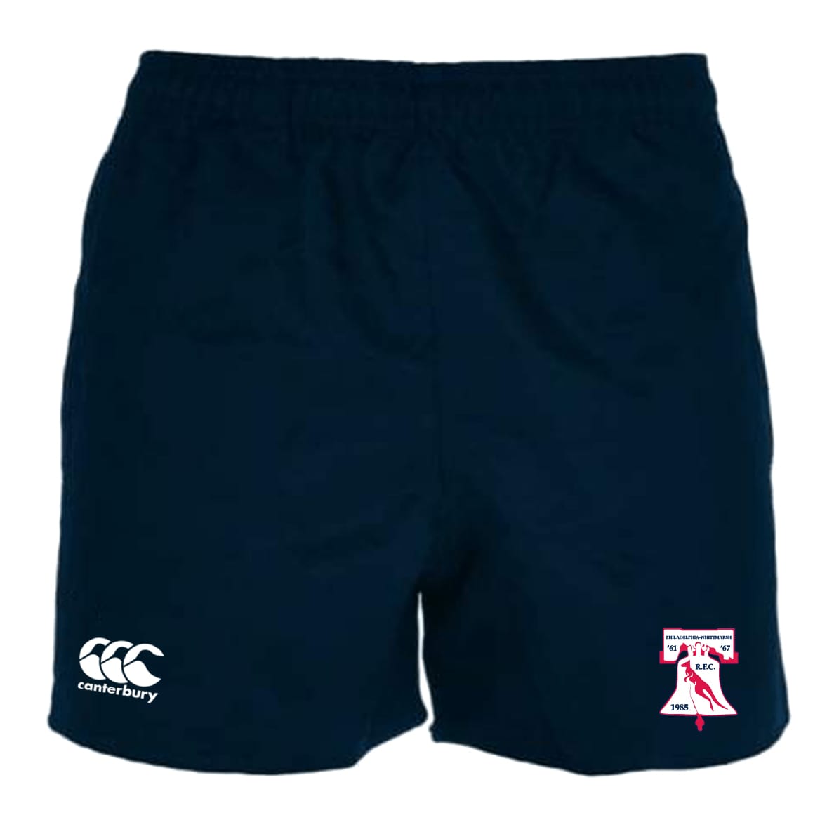 Philly Whitemarsh RFC Advantage Rugby Shorts by EMB Canterbury in navy blue, featuring moisture-wicking fabric, a white Canterbury logo on the left leg, and a red and white Philly Whitemarsh crest on the right.