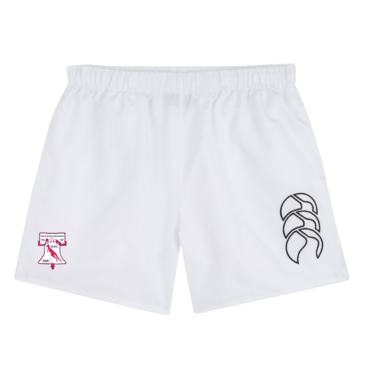The Philly Whitemarsh RFC Tactic Short by EMB Canterbury is a white men's rugby short with an elastic waistband, a red-and-white logo on the left leg, and a black emblem on the right—ideal for gym workouts or rugby.