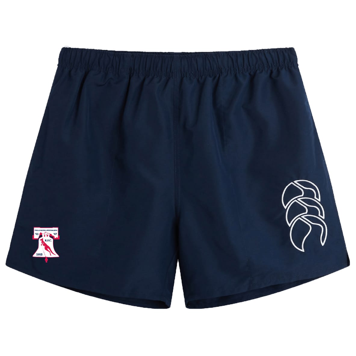 The Philly Whitemarsh RFC Tactic Short by EMB Canterbury features navy blue fabric, an elastic waistband, a white logo on the right leg, and a red and white crest on the left—ideal rugby shorts for training or casual wear.