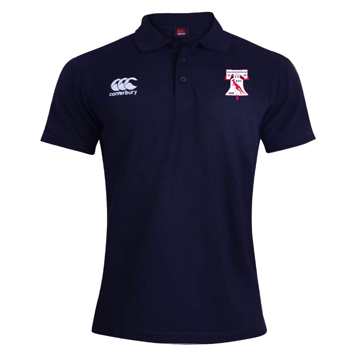 The Philly Whitemarsh RFC Waimak Polo by EMB Canterbury features a Canterbury logo on the right chest and a graphic bell logo on the left, making it ideal for fans of classic men's rugby polo style.