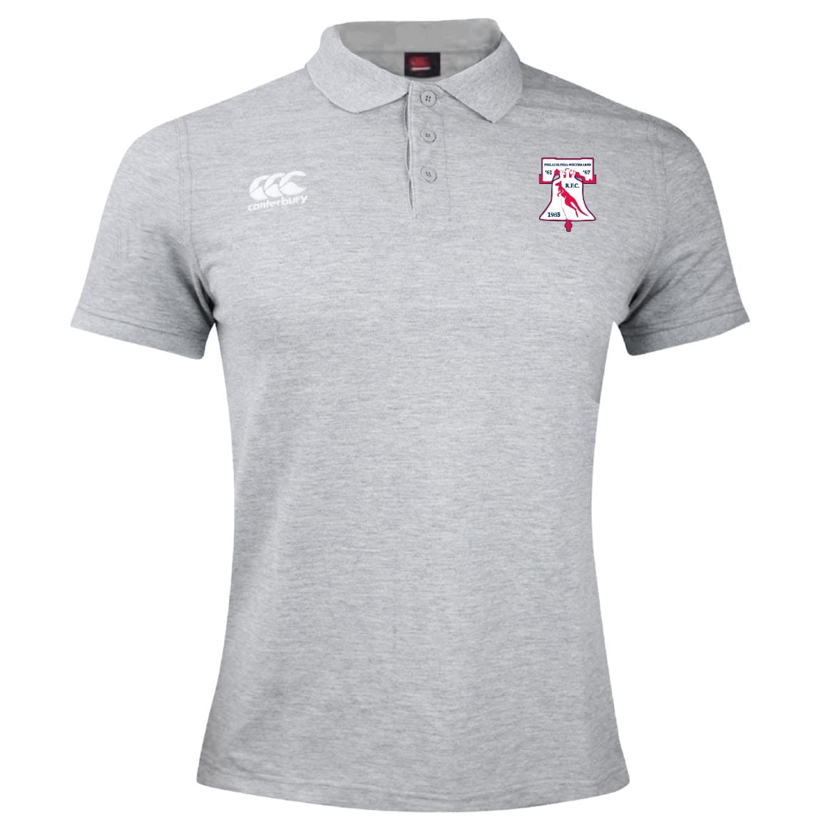 The Philly Whitemarsh RFC Waimak Polo by EMB Canterbury is a light grey short-sleeved rugby polo with a collar, three buttons, and embroidered logos on both sides of the chest.