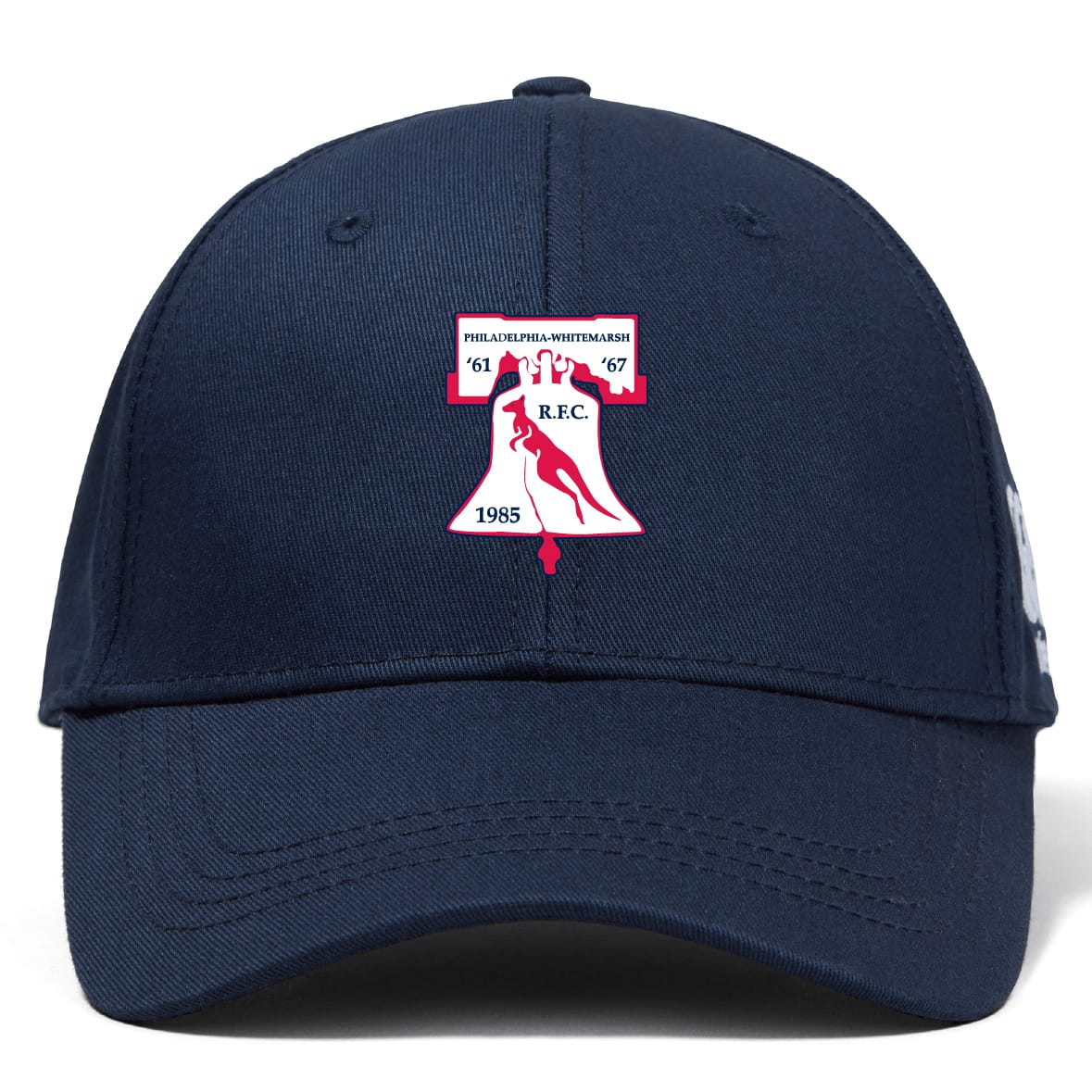 Show your rugby pride with the Philly Whitemarsh RFC Flexfit Drill Cap by EMB Canterbury, featuring a Liberty Bell logo on navy blue for classic comfort and style.