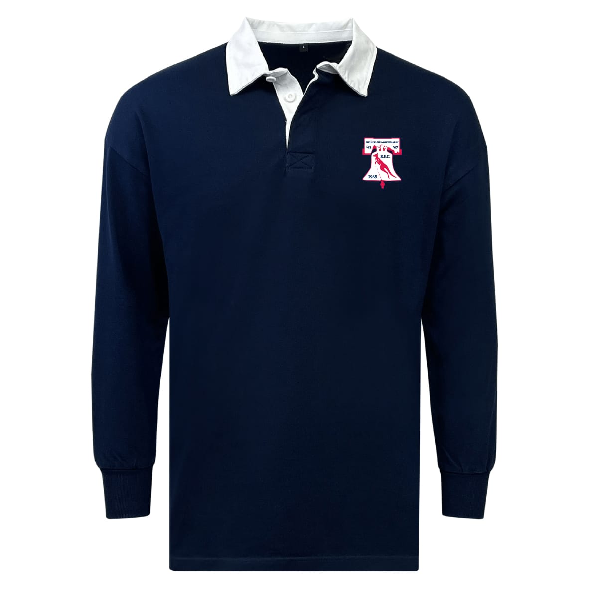 The EMB Mudoo Philly Whitemarsh RFC Classic Long Sleeve Solid Rugby Jersey features a navy blue cotton-poly blend, white collar, and a small red and white graphic on the left chest.