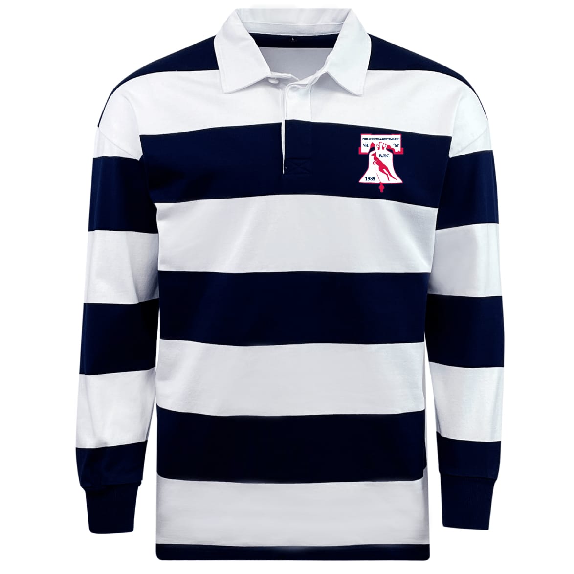 The EMB Mudoo Philly Whitemarsh RFC Classic Long Sleeve Hooped Rugby Jersey features navy and white stripes with a red bell logo on the left chest.