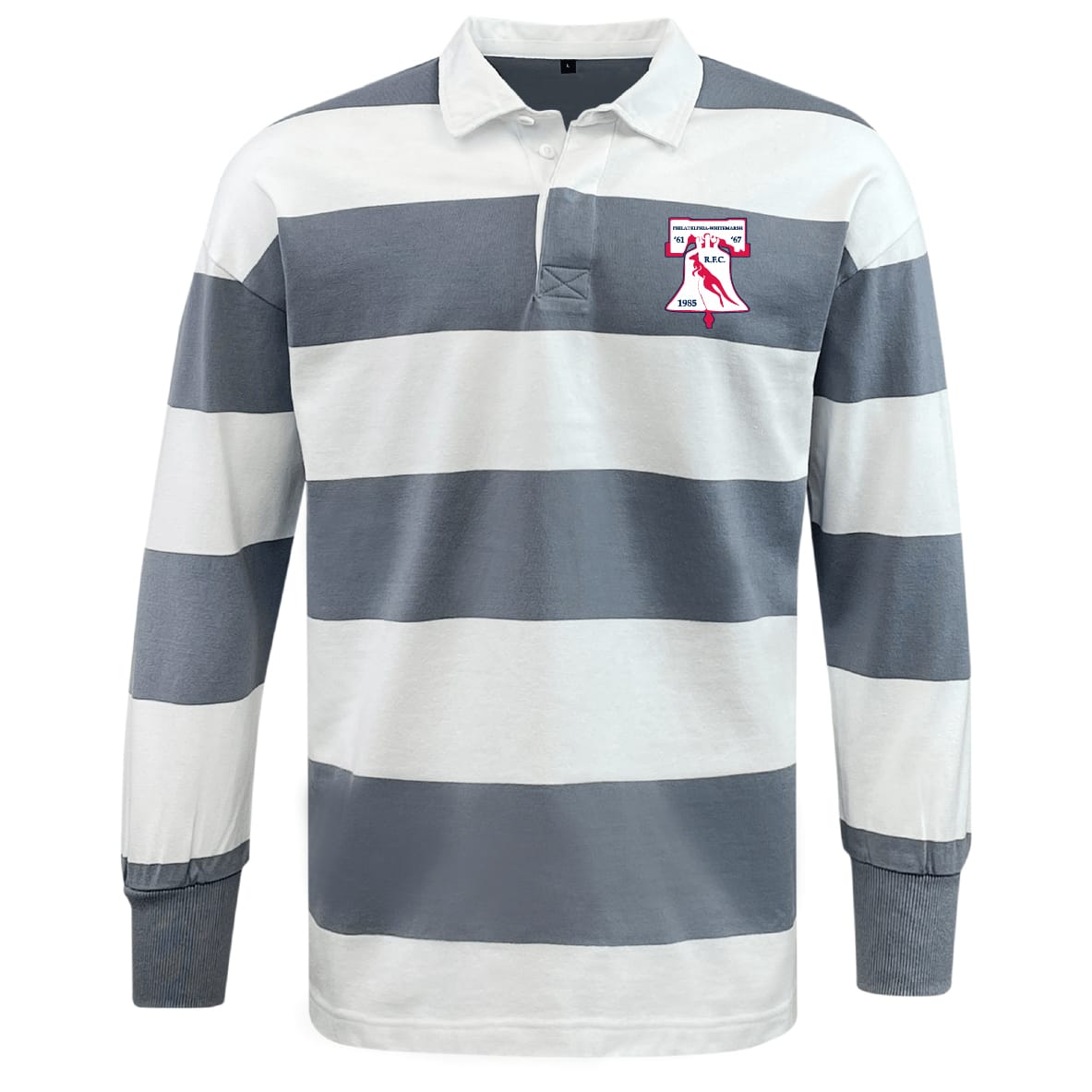 The EMB Mudoo Philly Whitemarsh RFC Classic Long Sleeve Hooped Rugby Jersey features gray and white stripes, a collar, and a bell logo with 2026 on the left chest.