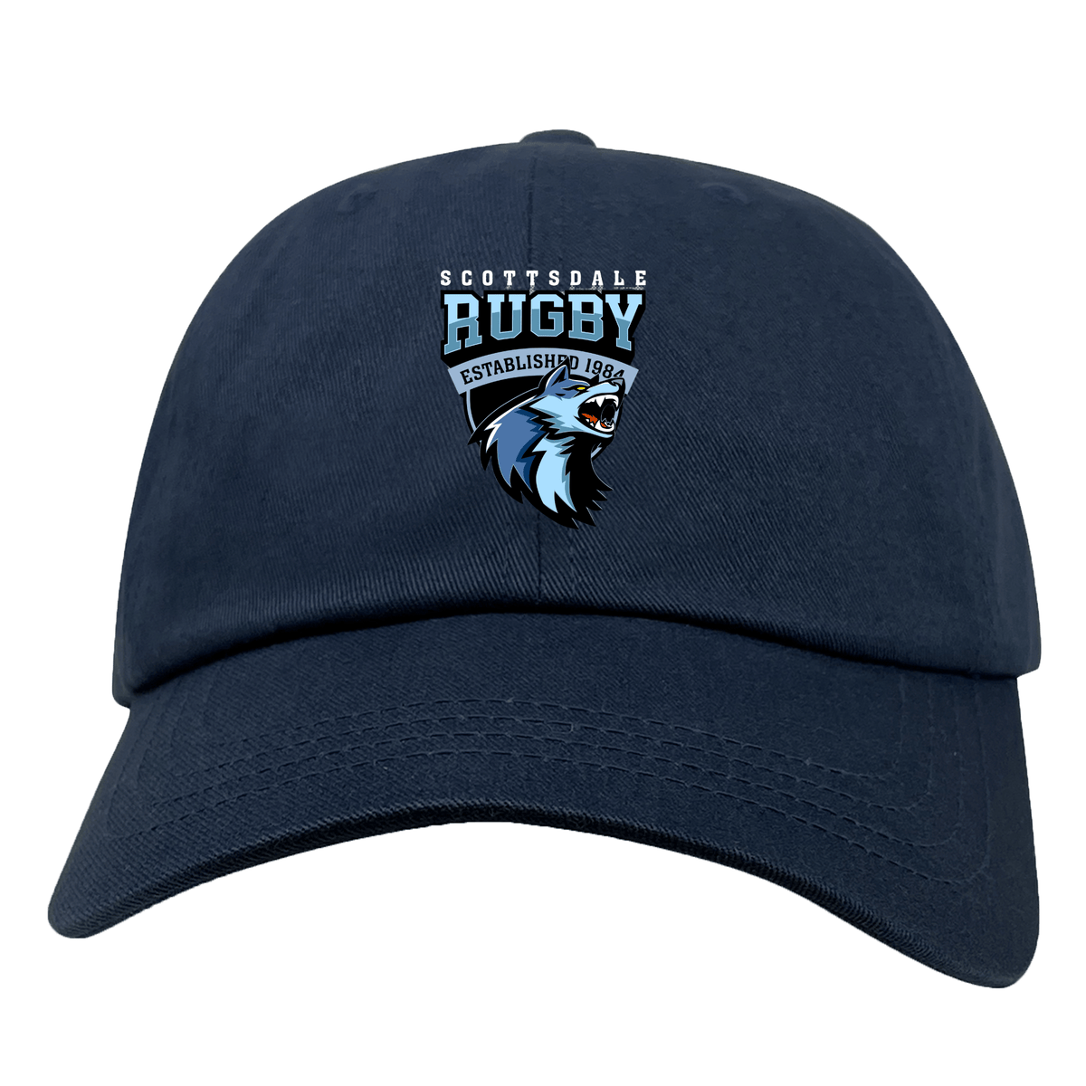 The EMB S&S Activewear Scottsdale Rugby Adult Low-Profile Cotton Twill Dad Cap features navy blue cotton twill, embroidered "Scottsdale Rugby Established 1964" branding, and a roaring bear graphic on the front.