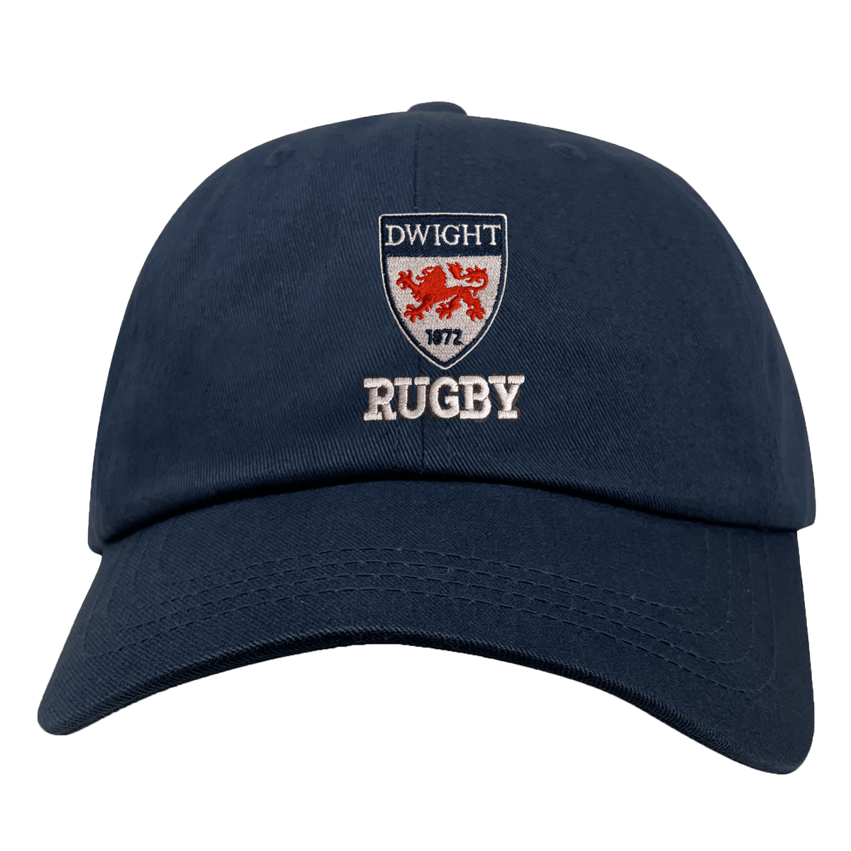 The Dwight Rugby Adult Low-Profile Cotton Twill Dad Cap by EMB S&S Activewear features navy blue cotton twill, an embroidered "Dwight 1872" crest above a red lion, and "Rugby" stitched below with classic team branding.
