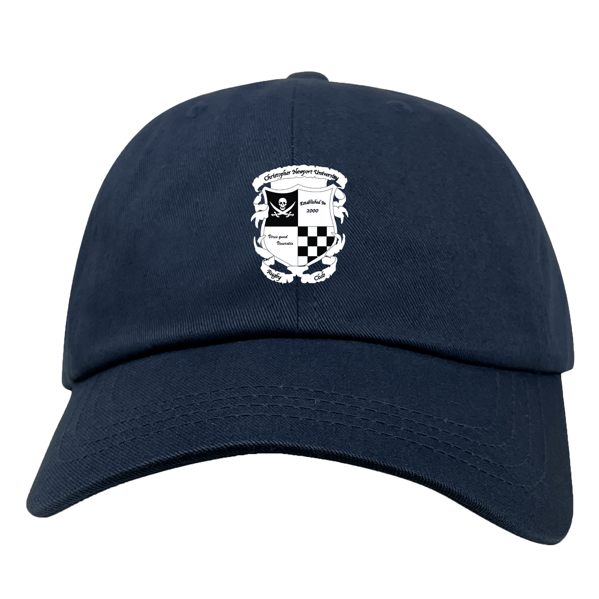 The EMB S&S Activewear Rugby Football Club at Christopher Newport University Adult Low-Profile Cotton Twill Dad Cap features a navy blue design with an embroidered white and black skull and crossbones crest, checkered pattern, and bold front text.