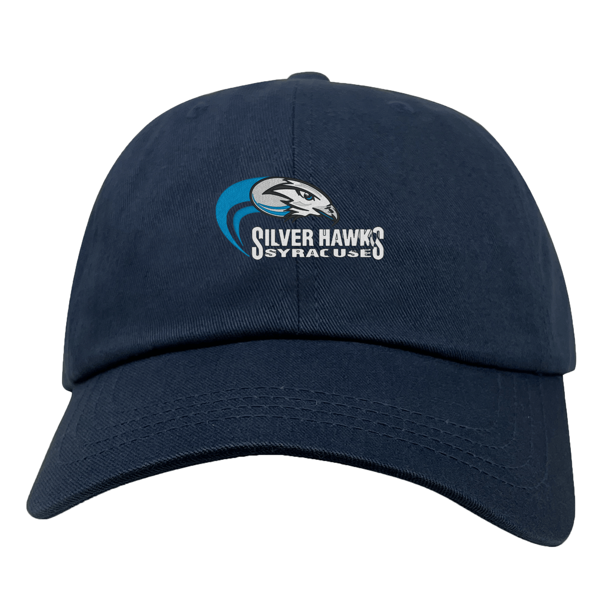 The EMB S&S Activewear Syracuse Silver Hawks Adult Low-Profile Cotton Twill Dad Cap features a navy design with an embroidered stylized hawk head and team text logo on the front.