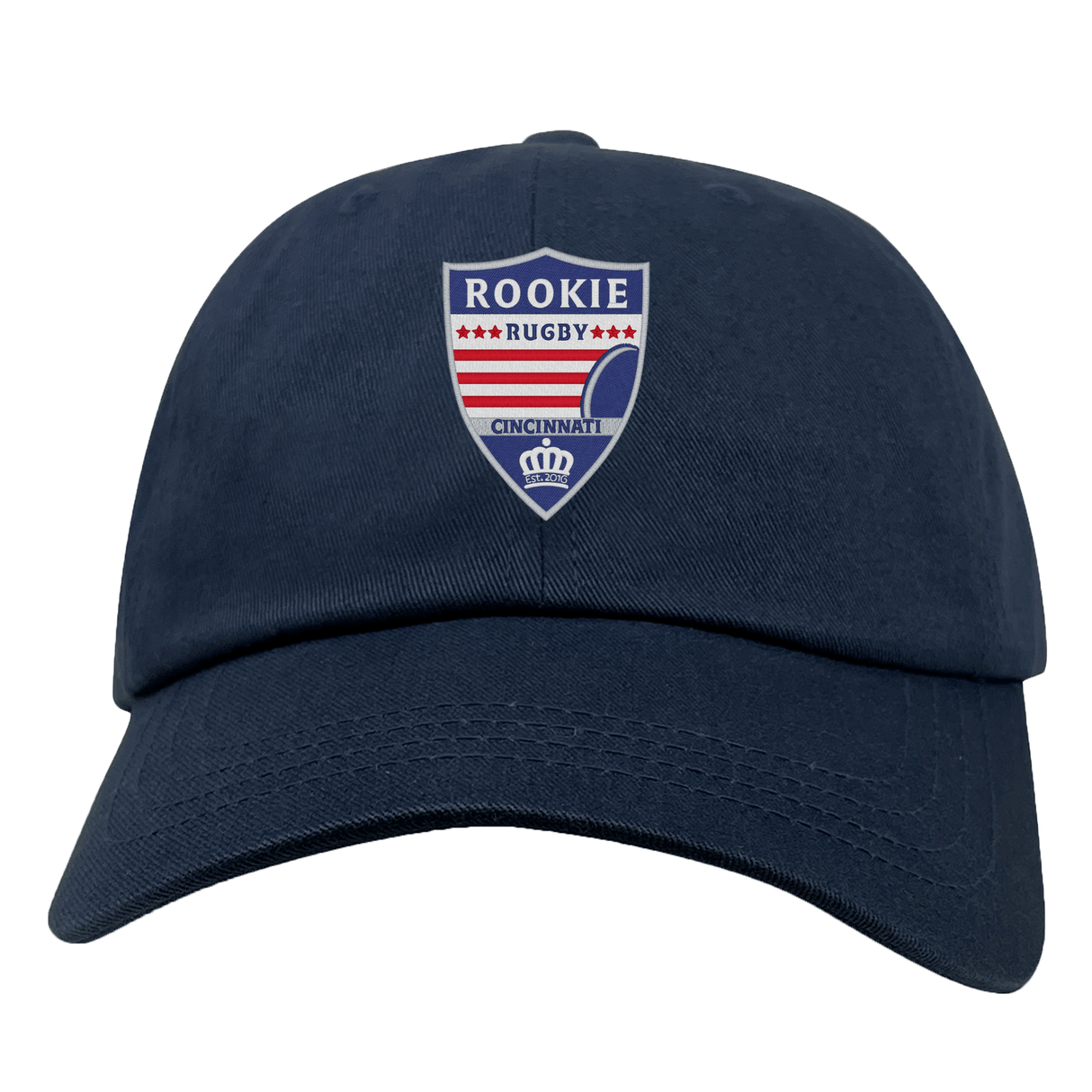 The Cincinnati Rookie Rugby Adult Low-Profile Cotton Twill Dad Cap by EMB S&S Activewear features a navy cotton twill build and an embroidered "Rookie Rugby Cincinnati" badge logo in red, white, and blue on the front.
