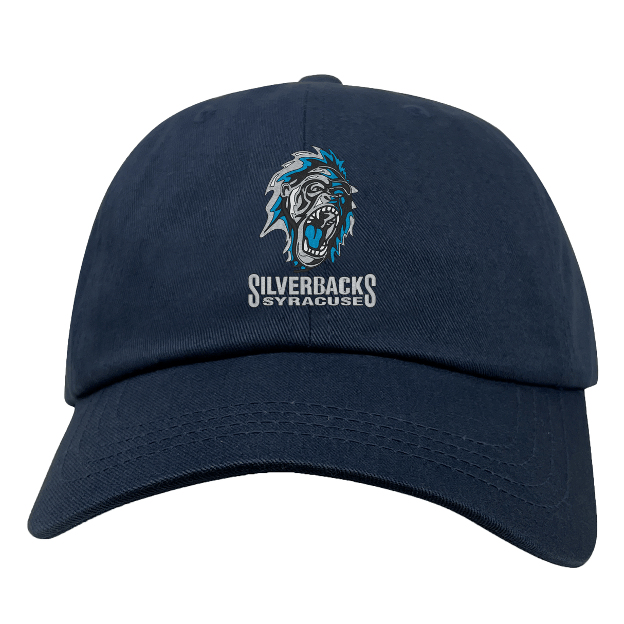 The EMB S&S Activewear Syracuse Silverbacks Adult Low-Profile Cotton Twill Dad Cap is navy blue with an embroidered roaring gorilla logo and "Silverbacks Syracuse" text on the front.