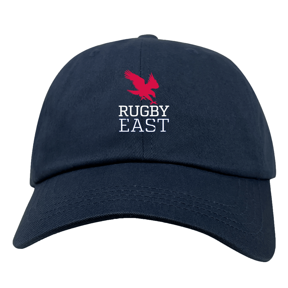 The Rugby East Conference Adult Low-Profile Cotton Twill Dad Cap by EMB S&S Activewear is navy blue, featuring a red bird graphic above "RUGBY EAST" white embroidery on the front.