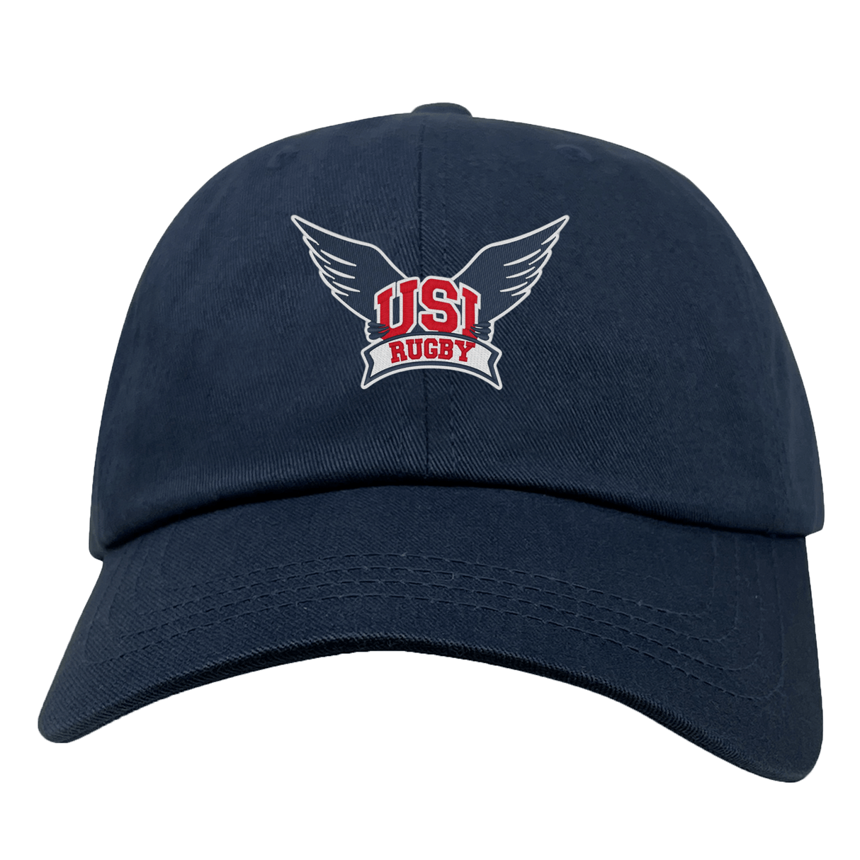 The EMB S&S Activewear University of Southern Indiana Adult Low-Profile Cotton Twill Dad Cap in navy features an embroidered winged "USI Rugby" logo on the front.