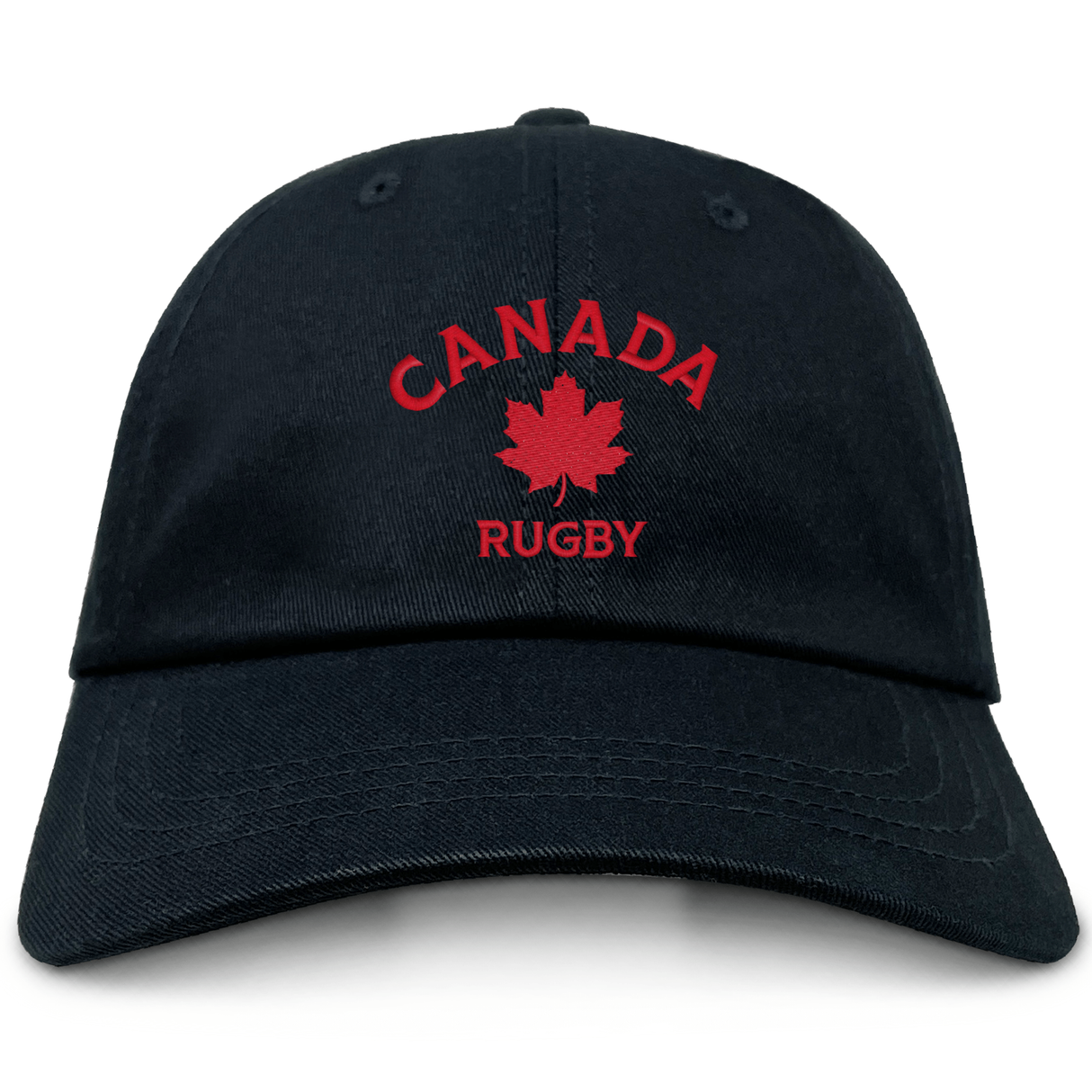 The EMB S&S Activewear Nations of Rugby Canada Rugby Dad Cap features red embroidered Canadian Rugby text and a red maple leaf on the front—an ideal addition to any rugby fan's hat collection.