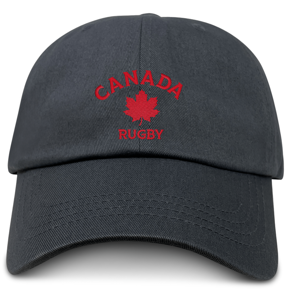 The Nations of Rugby Canada Rugby Dad Cap by EMB S&S Activewear is a black hat featuring red "CANADA RUGBY" embroidery and a red maple leaf on the front—perfect for dedicated rugby fans.