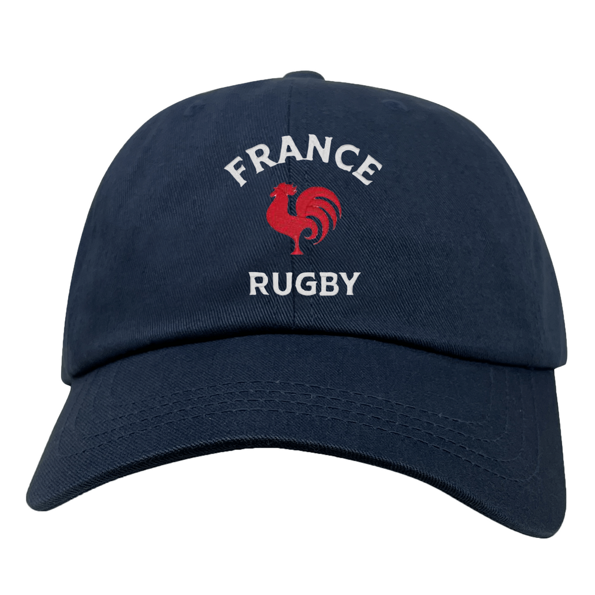The EMB S&S Activewear Nations of Rugby France Dad Cap is a navy blue cotton twill cap with "FRANCE RUGBY" and a red rooster logo embroidered on the front—perfect for any France Rugby fan.