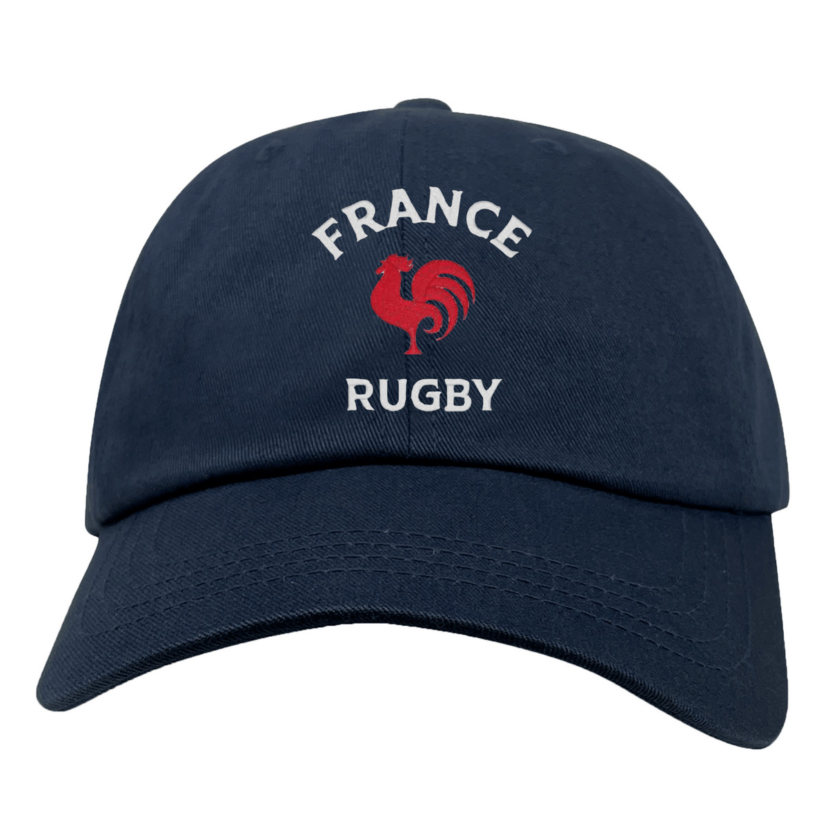 The EMB S&S Activewear Nations of Rugby France Dad Cap is a navy blue cotton twill cap with "FRANCE RUGBY" and a red rooster logo embroidered on the front—perfect for any France Rugby fan.
