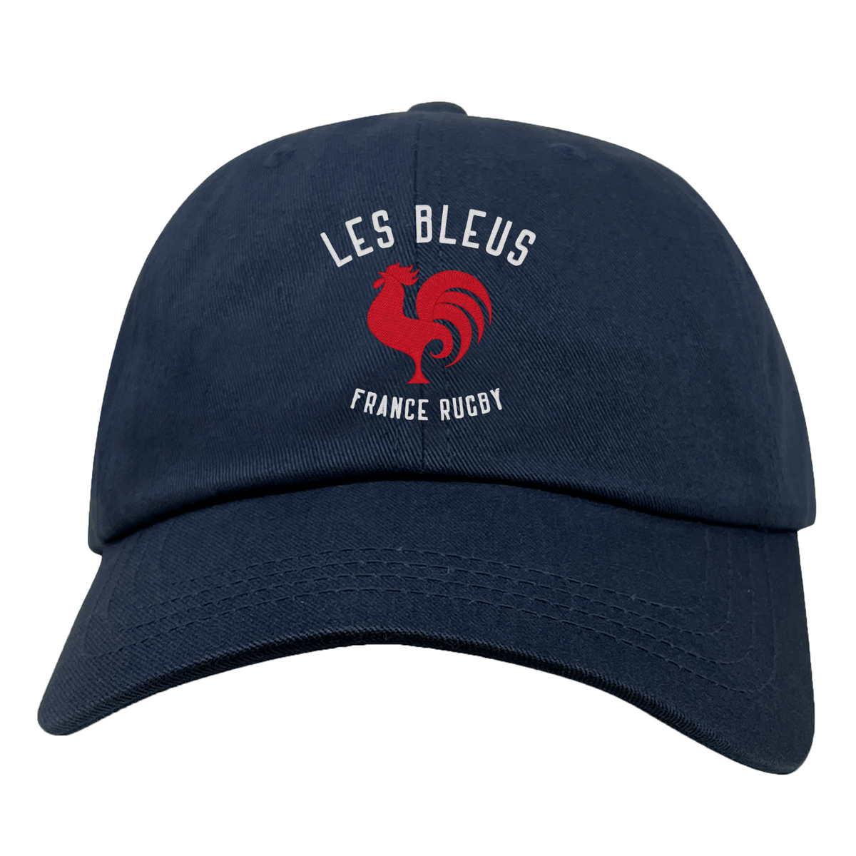 The Les Bleus France Rugby Dad Cap by EMB S&S Activewear features "LES BLEUS FRANCE RUGBY" and a red rooster logo on navy blue cotton twill, offering classic dad cap style.