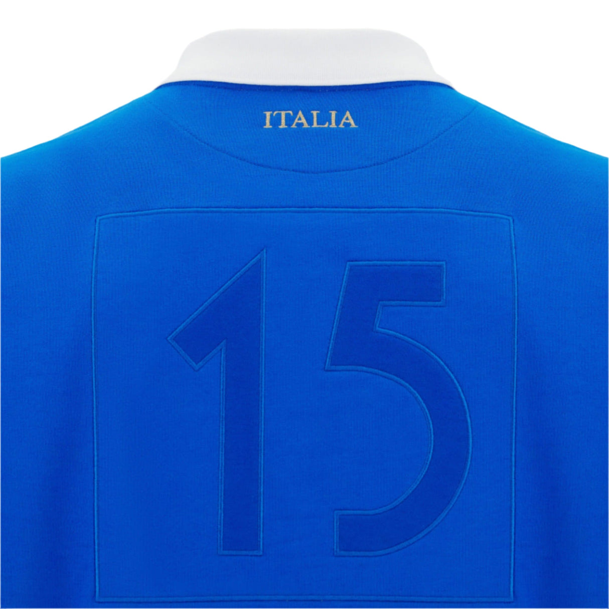 Back of the Italy 25/26 Vintage Long Sleeve Supporters Jersey by Macron—blue with a white collar, gold "ITALIA," and blue-outlined number 15—perfect for any Macron supporter’s collection.