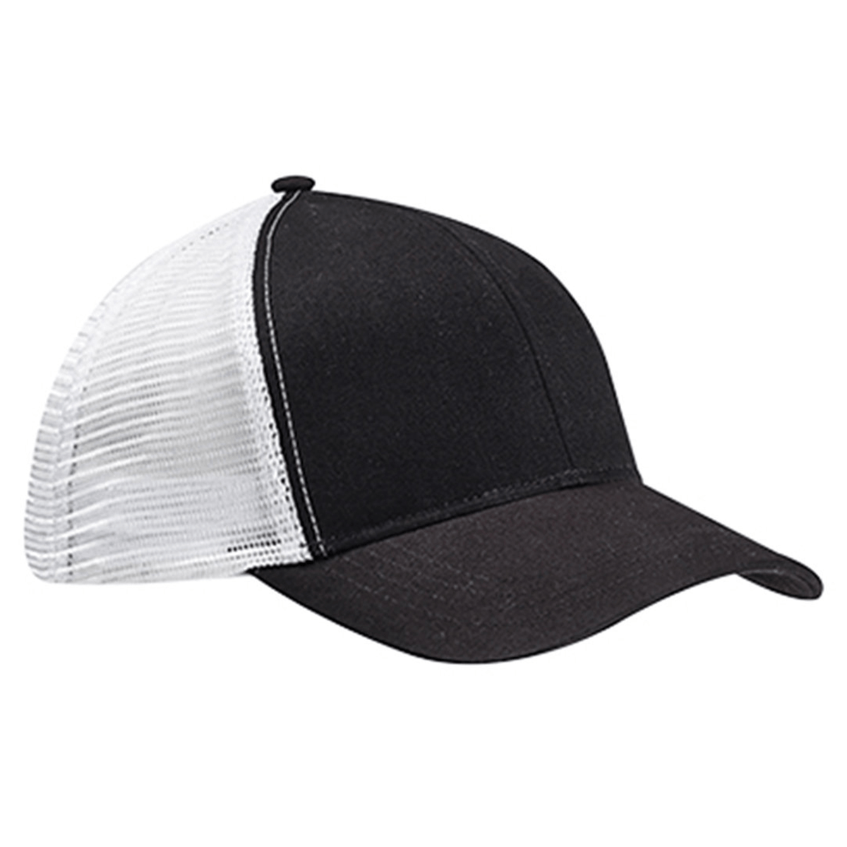 The S&S Activewear Eco Trucker Hat features a black front, white mesh back, and curved bill, made from recycled polyester. Displayed from the side on a plain background.