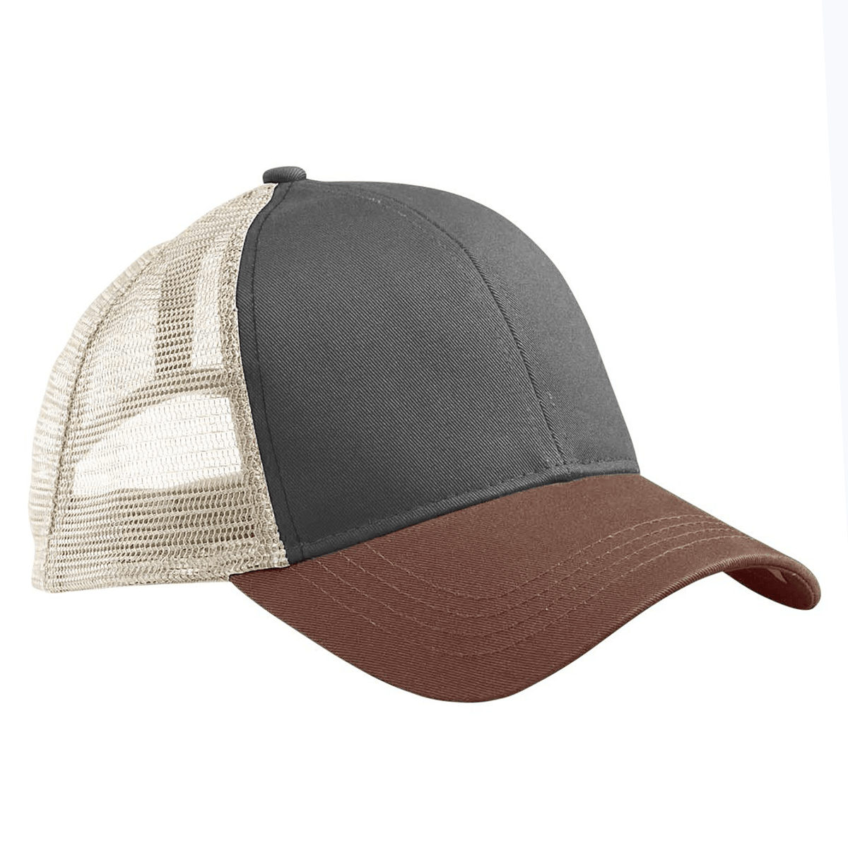 The S&S Activewear Eco Trucker Hat features a two-tone design with a gray organic cotton front, brown bill, and beige mesh back made from recycled polyester.