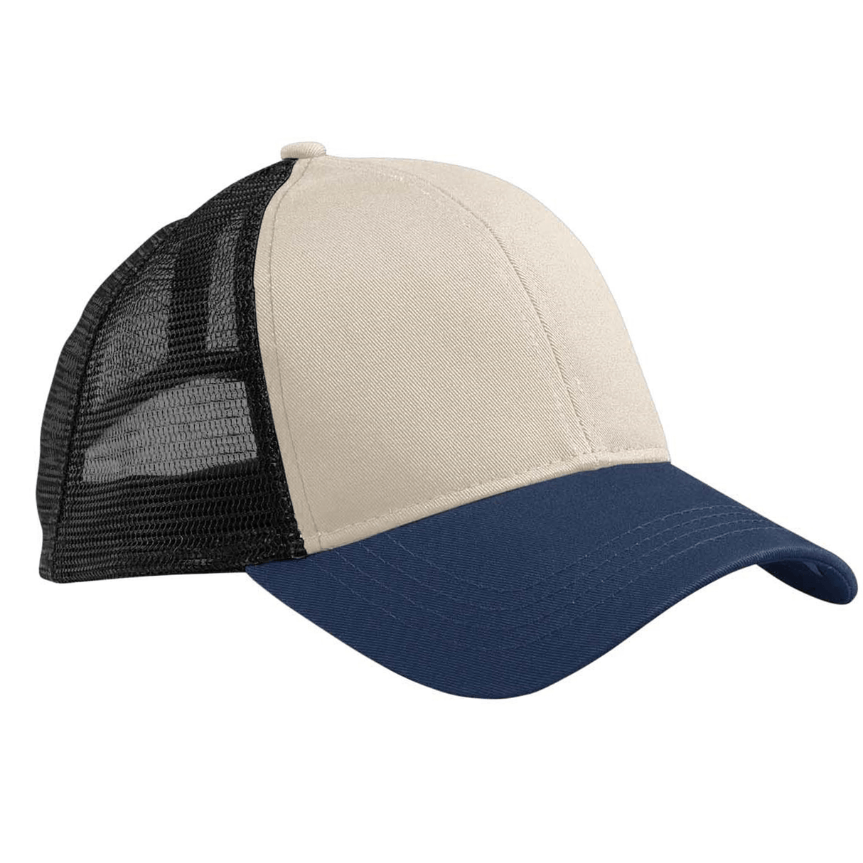 The S&S Activewear Eco Trucker Hat features a beige front, navy blue bill, black mesh back panels, and is made from recycled polyester and organic cotton.