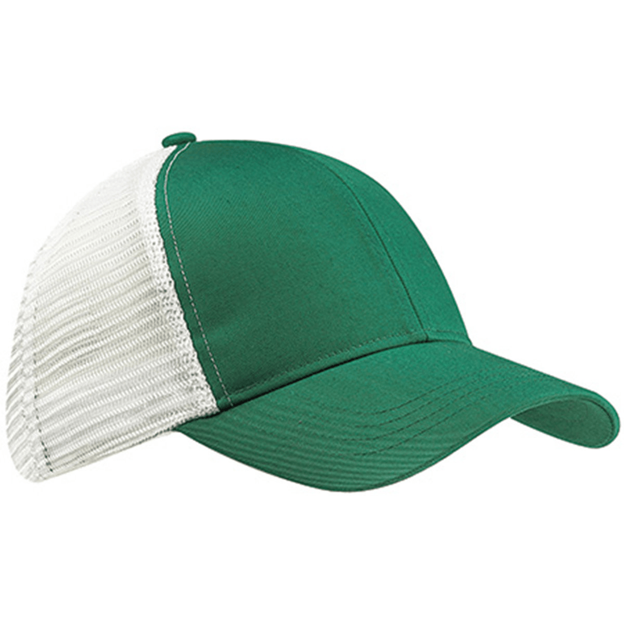 The S&S Activewear Eco Trucker Hat features a green and white design with a curved brim, crafted from organic cotton and recycled polyester, and includes white mesh back panels.