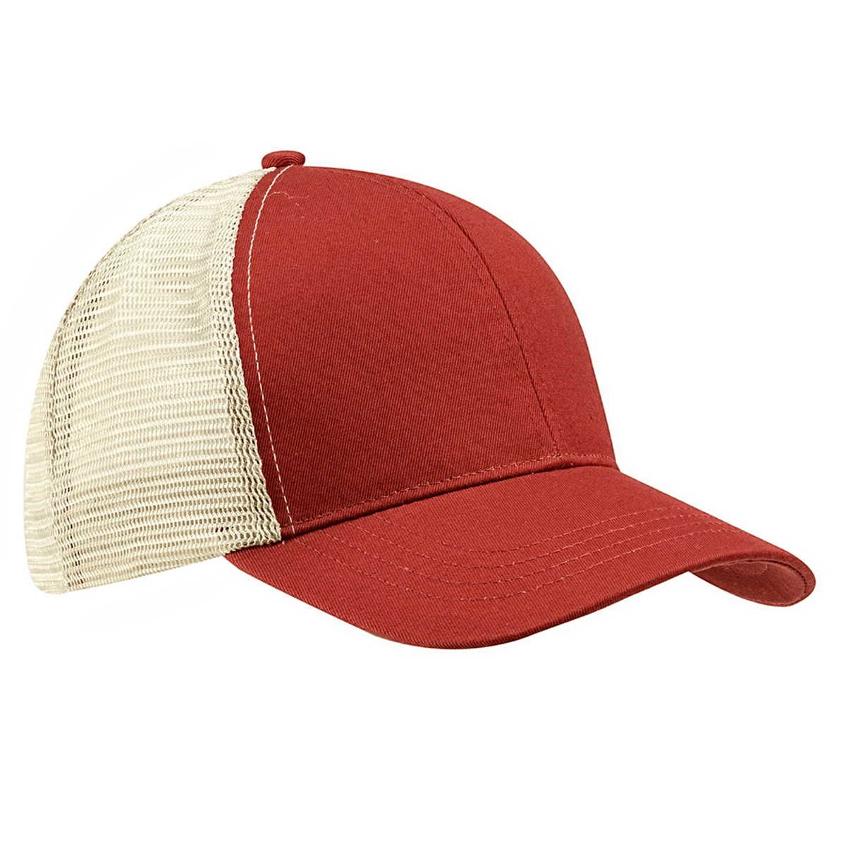 The S&S Activewear Eco Trucker Hat features a red front, beige mesh back panels, a curved brim, and is made from recycled polyester.