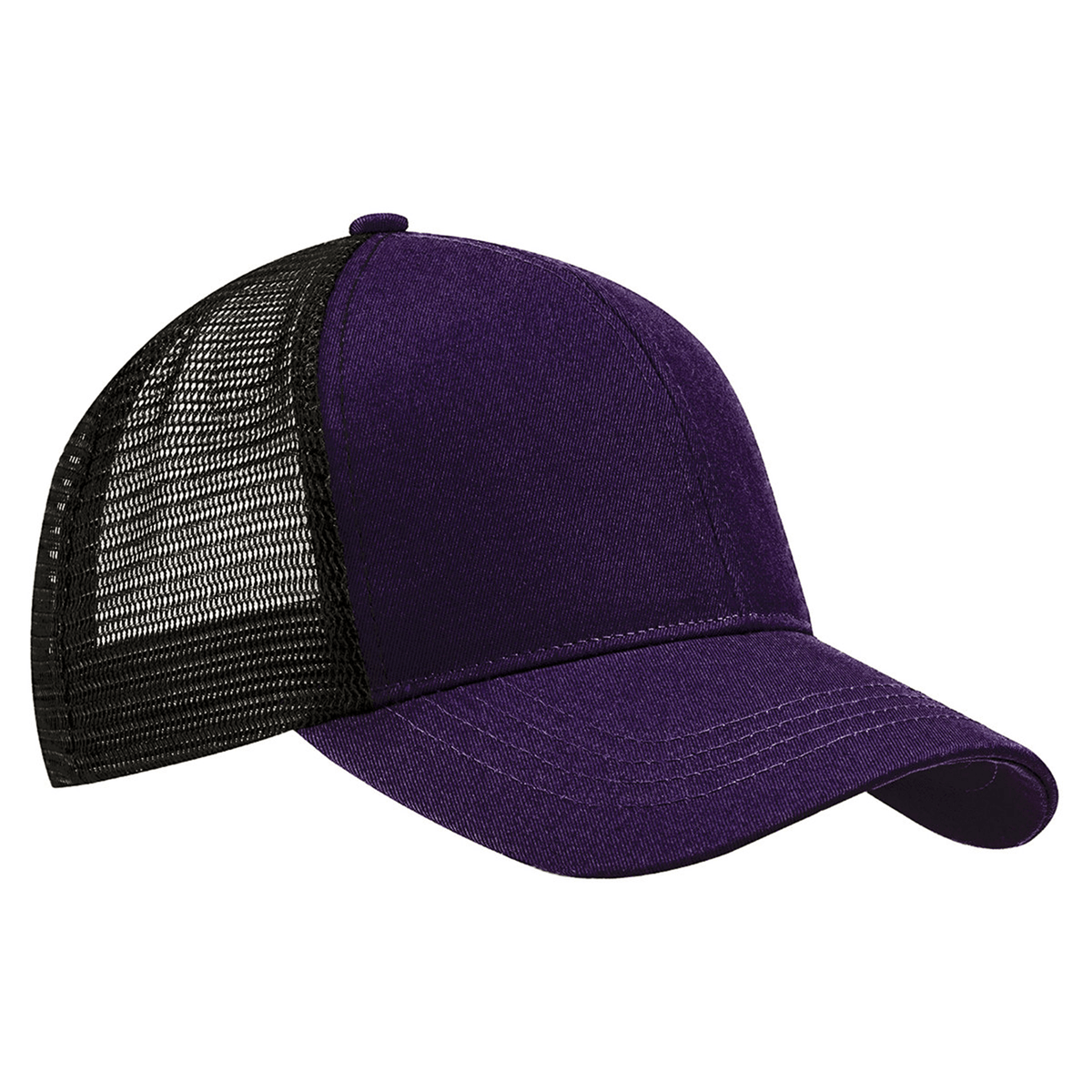 The S&S Activewear Eco Trucker Hat features a solid purple organic cotton front and bill, with black recycled polyester mesh panels on the back and sides, plus a curved brim.