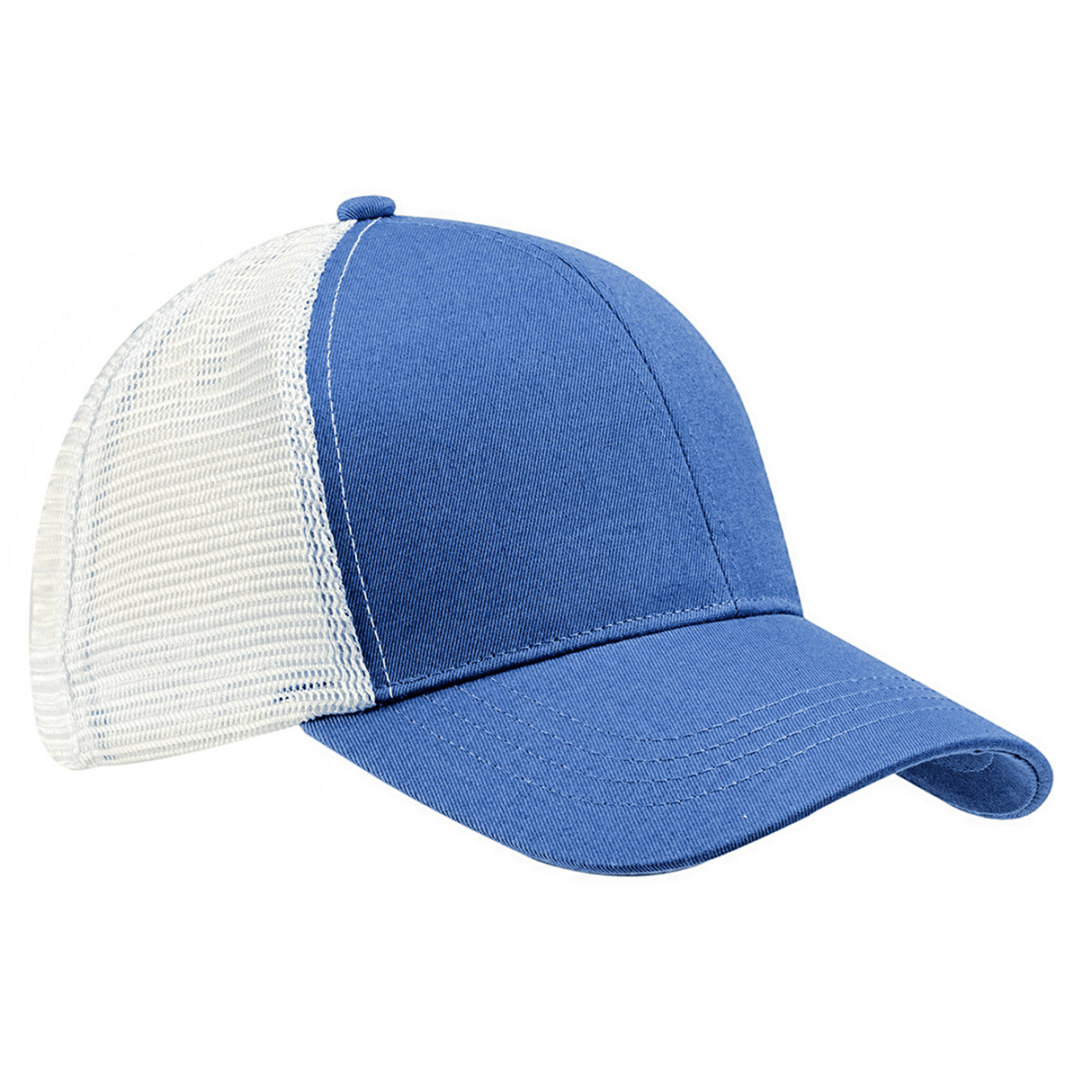 The S&S Activewear Eco Trucker Hat features a blue and white design, curved brim, mesh back, and is made from recycled polyester for a sustainable choice.